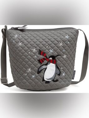 Vera Bradley Large Quilted Grey Penguin Adjustable Crossbody Bucket Bag 2022